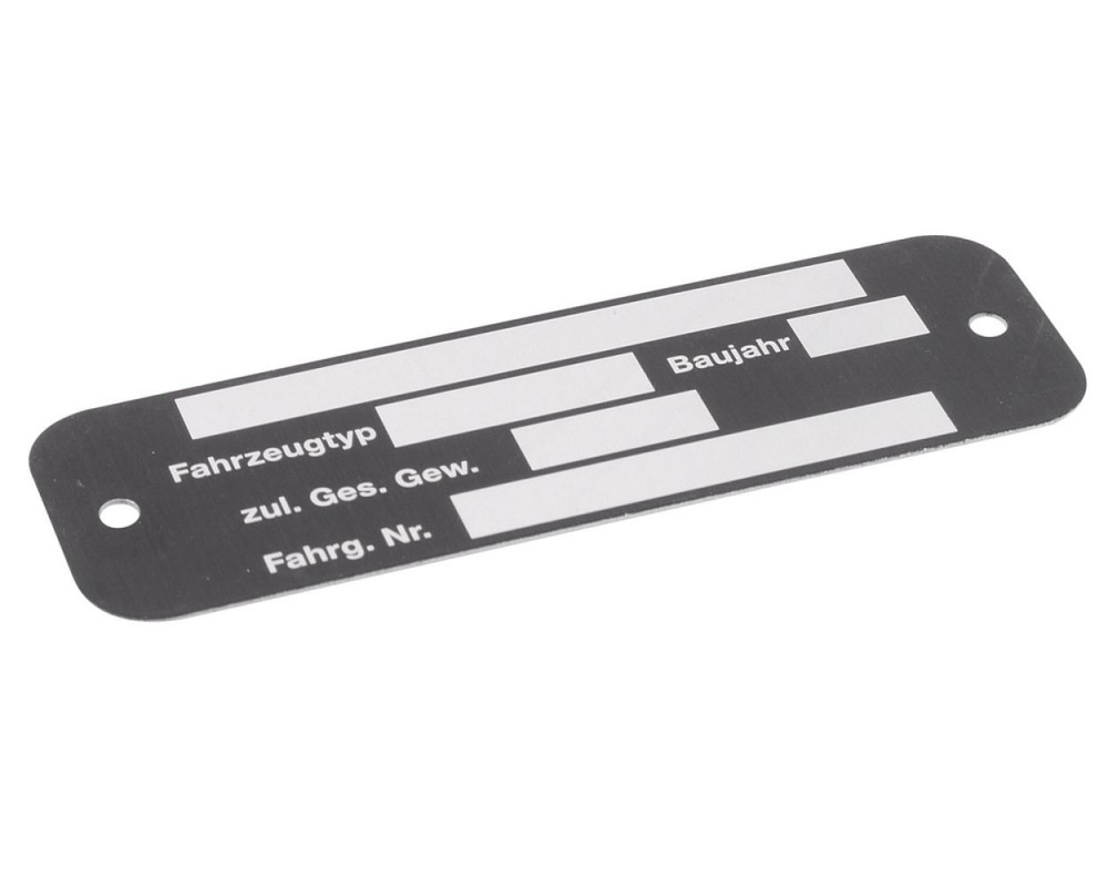 Typenschild kompatibel fr PIAGGIO und CO. Genova schwarz, Aluminium getzt, Befestigung:2 Nieten, 80x25x0,6mm, mit Baujahr